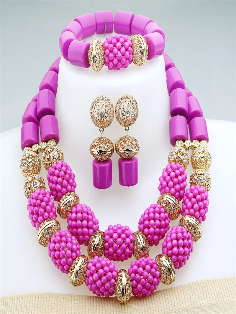 2 Layers Artificial Coral Bead African Wedding Resin Necklace Jewelry Nigerian Glass Jewelry Set Bridal Gift for Women Wedding