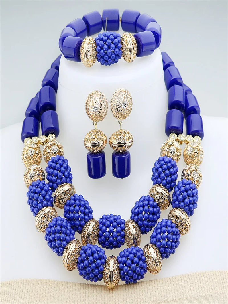 2 Layers Artificial Coral Bead African Wedding Resin Necklace Jewelry Nigerian Glass Jewelry Set Bridal Gift for Women Wedding