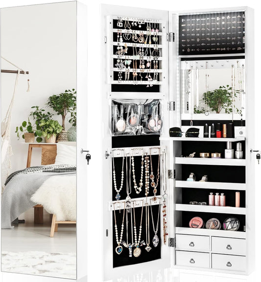 LED Strip Jewelry Armoire with 47.2" H Full Length Mirror, Wall/Door Mounted Jewelry Organizer with Built-In Mirror, Flip-Over Cosmetic Tray, 4 Drawers, Large Storage Jewelry Cabinet (White)