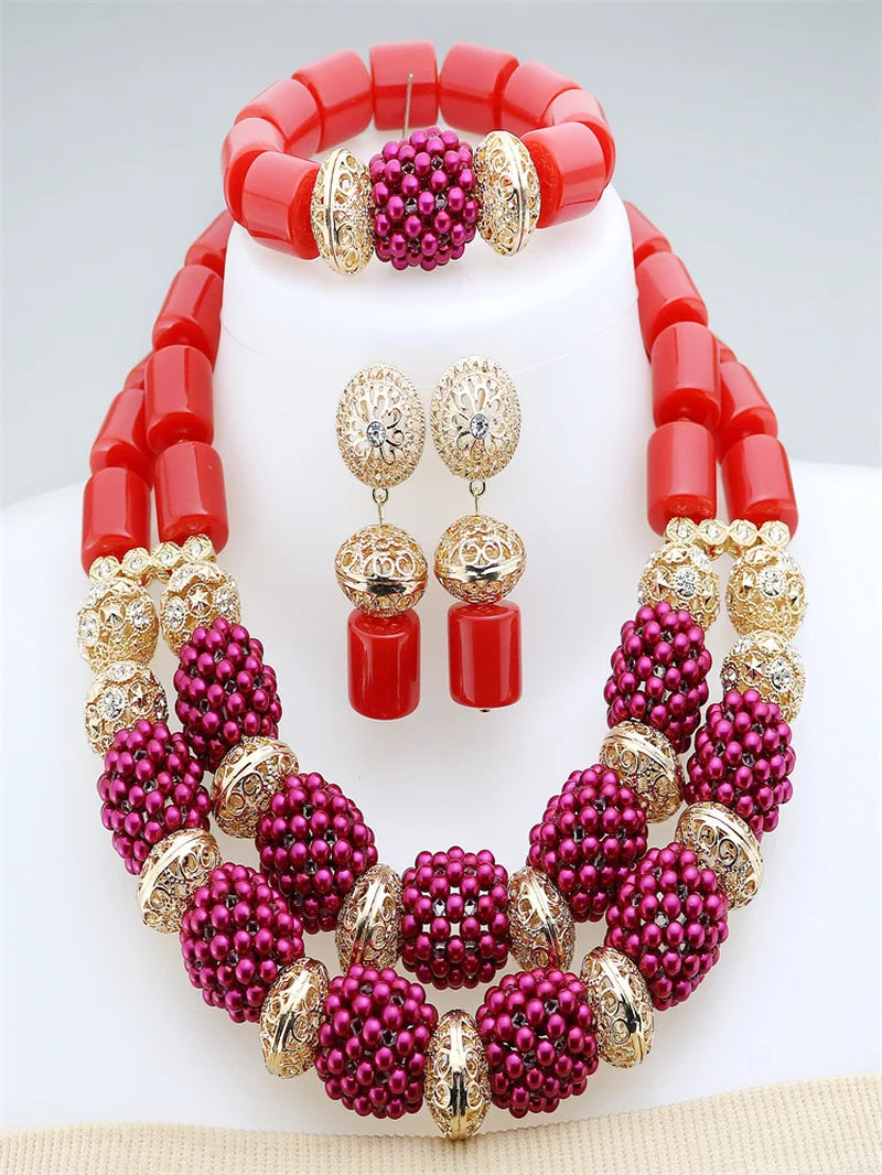 2 Layers Artificial Coral Bead African Wedding Resin Necklace Jewelry Nigerian Glass Jewelry Set Bridal Gift for Women Wedding