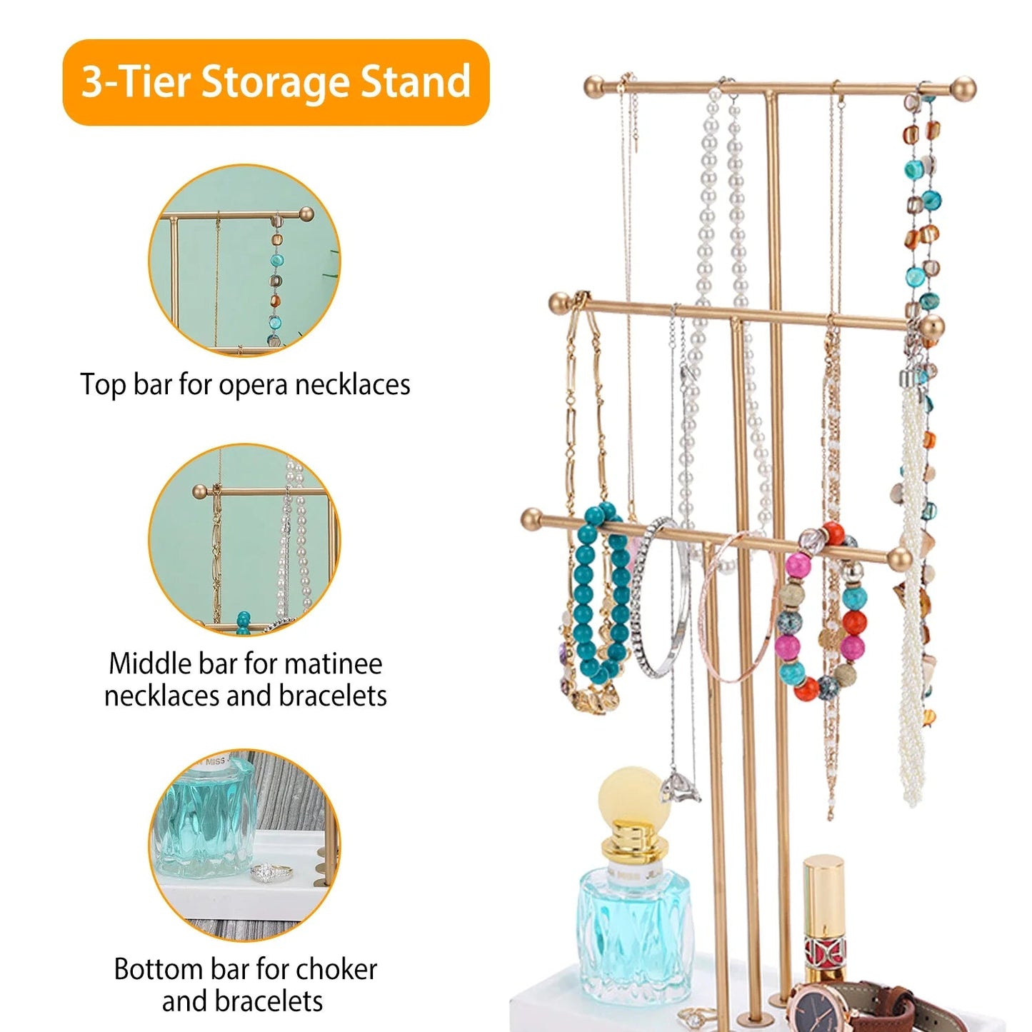 3 Tier Gold Metal Tabletop Jewelry Display Tree Stand Organizer Holder Rack Hanger Tower for Bracelet Necklace Accessories with Ring Tray
