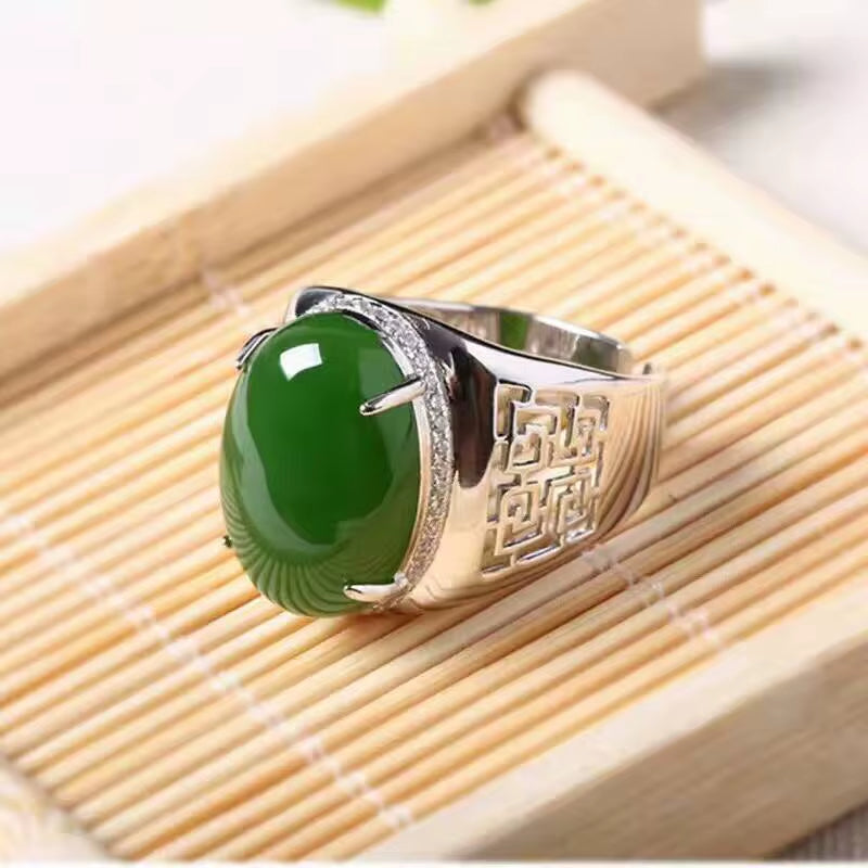 Chinese Style Green Jade Man'S Ring 12*16Mm Natural Jade Vintage 925 Silver Gemstone Ring for Man Luxurious Silver Man Ring