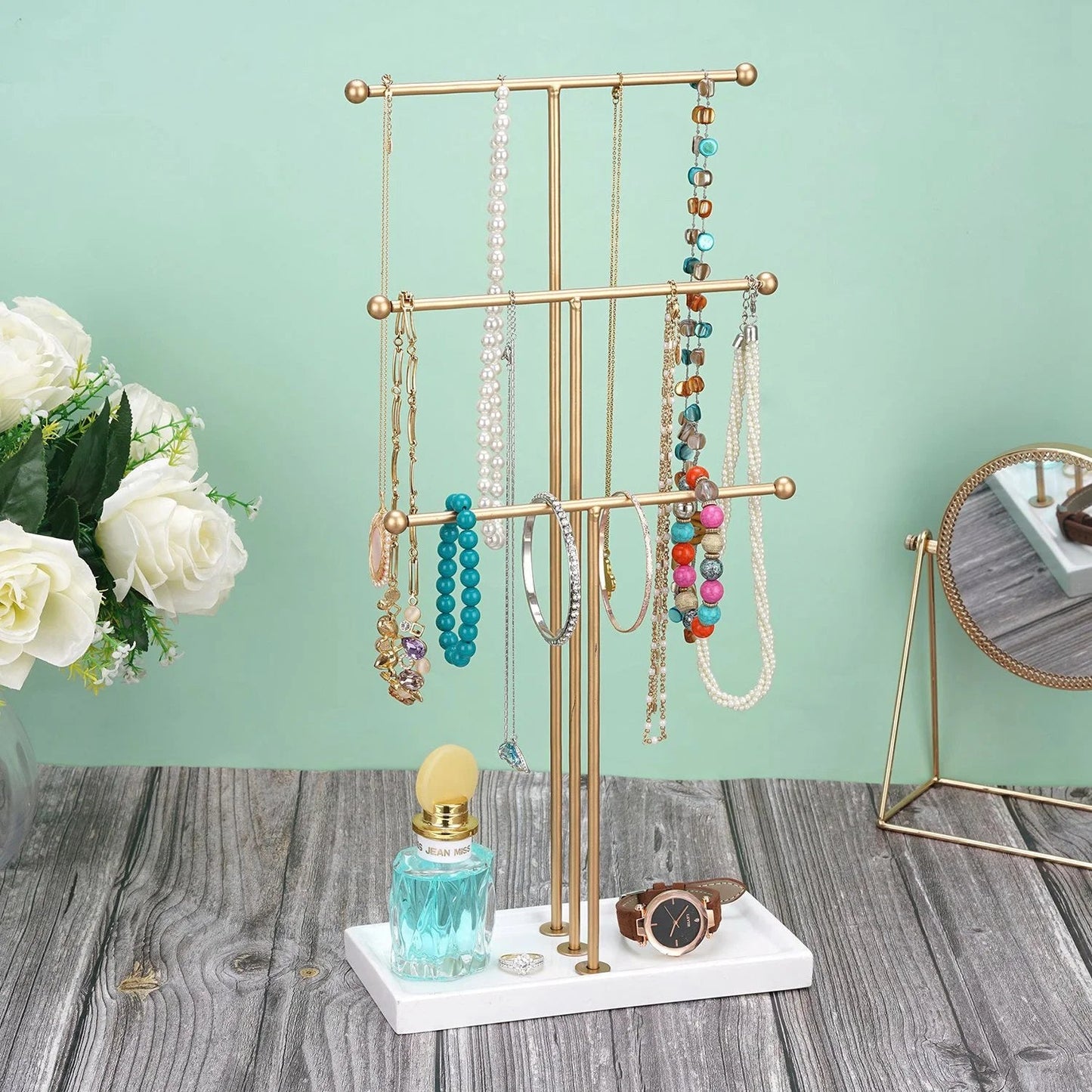 3 Tier Gold Metal Tabletop Jewelry Display Tree Stand Organizer Holder Rack Hanger Tower for Bracelet Necklace Accessories with Ring Tray