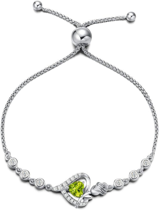 Rosy Reverie Birthstone Bracelet for Women Sterling Silver Genuine or Created Gemstone Tennis Bracelet Rose Heart Jewelry Anniversary Birthday Gifts for Women Mom Wife Her