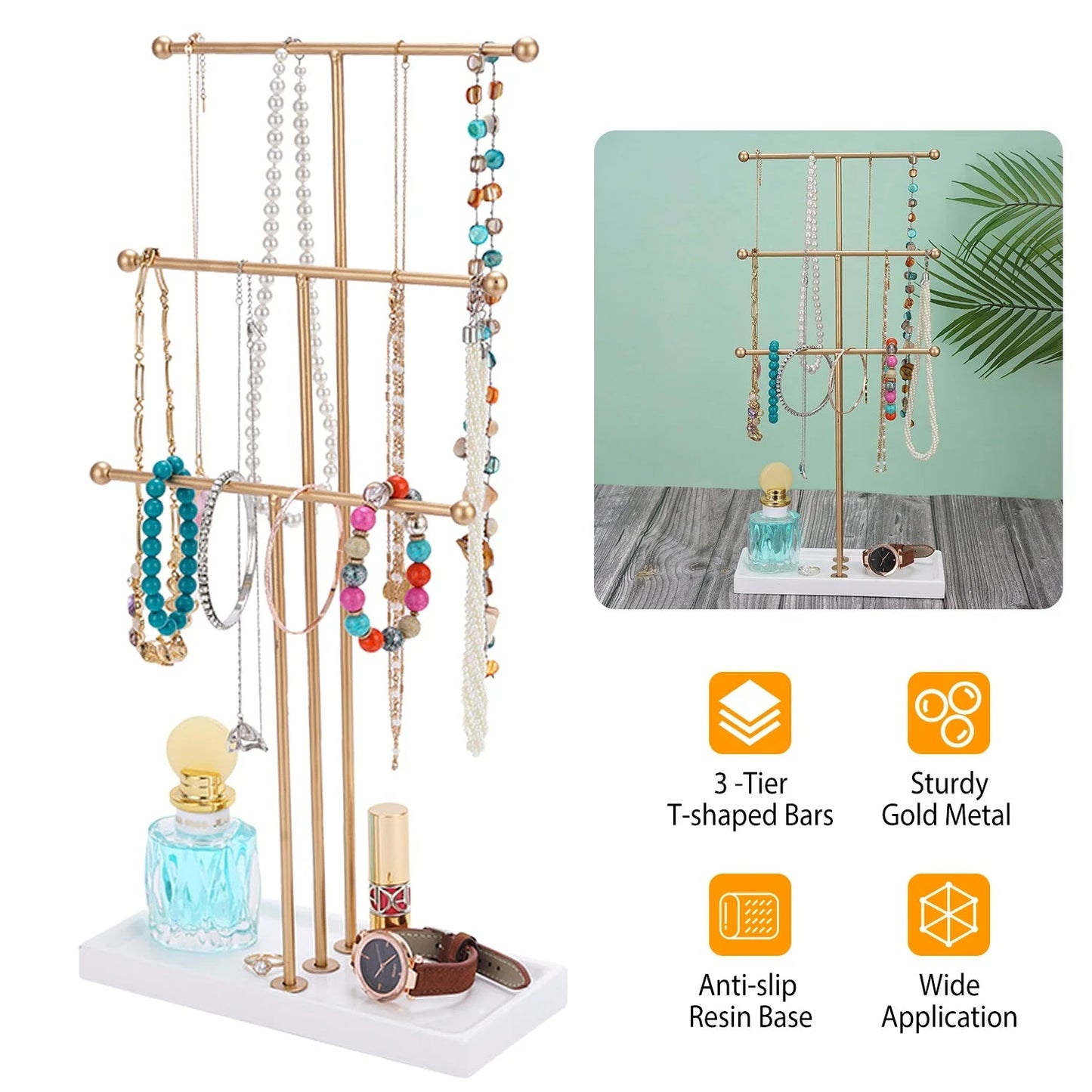3 Tier Gold Metal Tabletop Jewelry Display Tree Stand Organizer Holder Rack Hanger Tower for Bracelet Necklace Accessories with Ring Tray