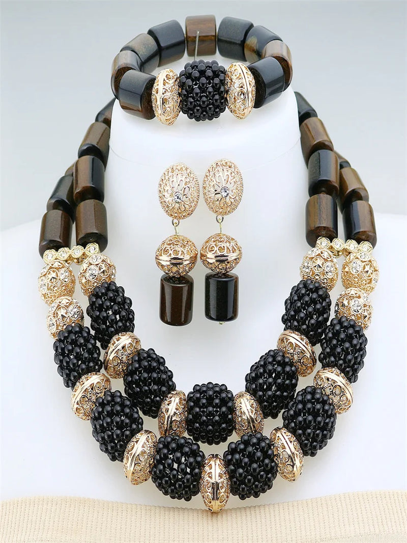 2 Layers Artificial Coral Bead African Wedding Resin Necklace Jewelry Nigerian Glass Jewelry Set Bridal Gift for Women Wedding